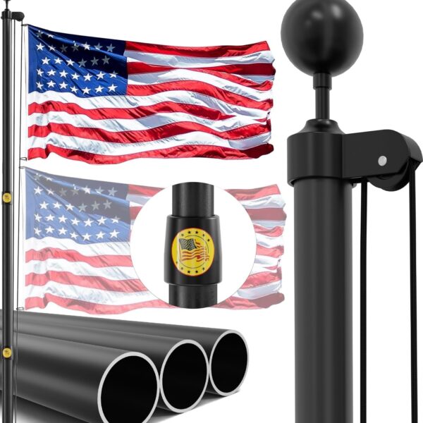 Heavy Duty Flag Pole,14-Gauge Aluminum,Resist Strong Wind Reinforcement Ring Patent,Sectional Black Residential Flagpole Complete Kit